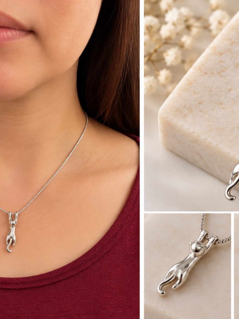 Silver Cat Pendant Necklace - Pets Cat Jewelry